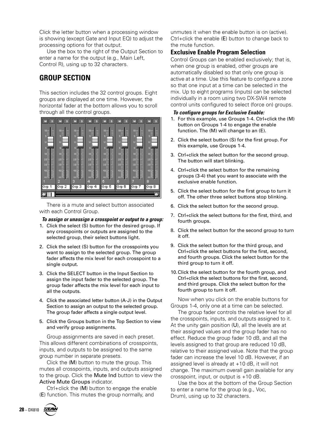 EAW DX810 instruction manual Group Section, Exclusive Enable Program Selection 