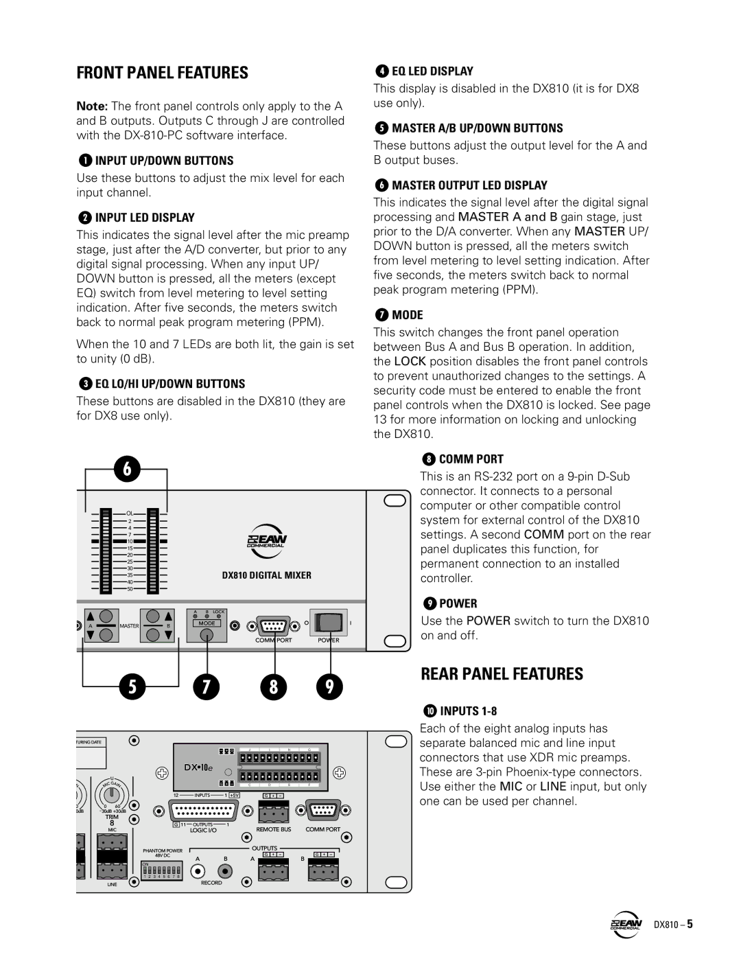 EAW DX810 instruction manual Front Panel Features, Rear Panel Features, Inputs 