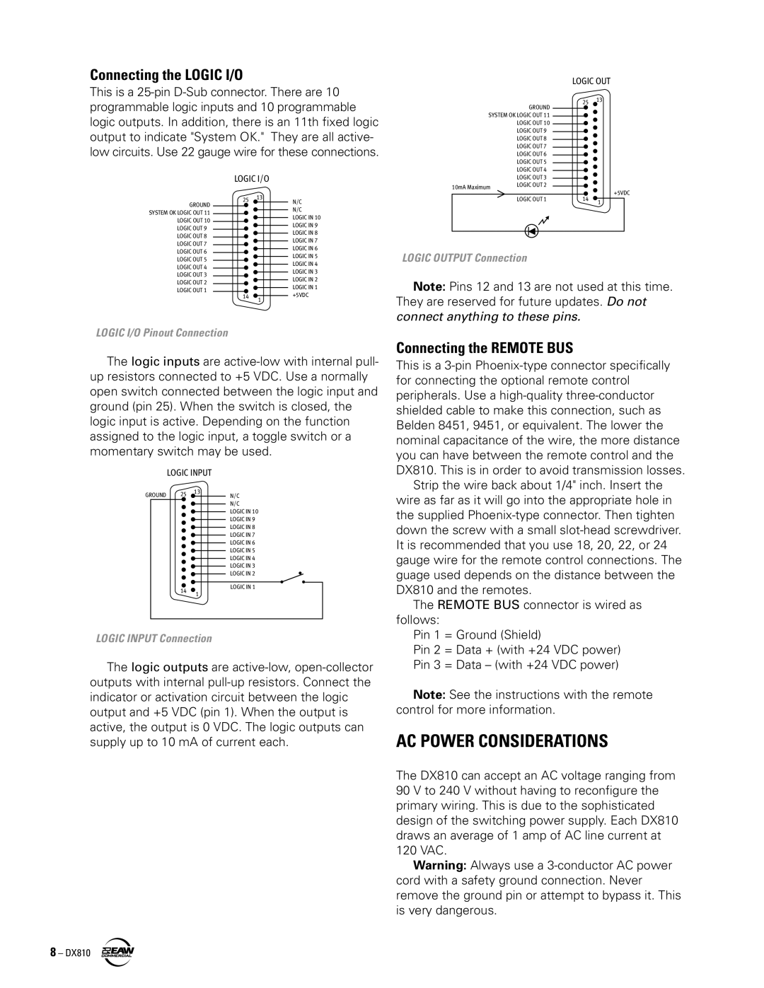 EAW DX810 instruction manual AC Power Considerations, Connecting the Logic I/O, Connecting the Remote BUS 