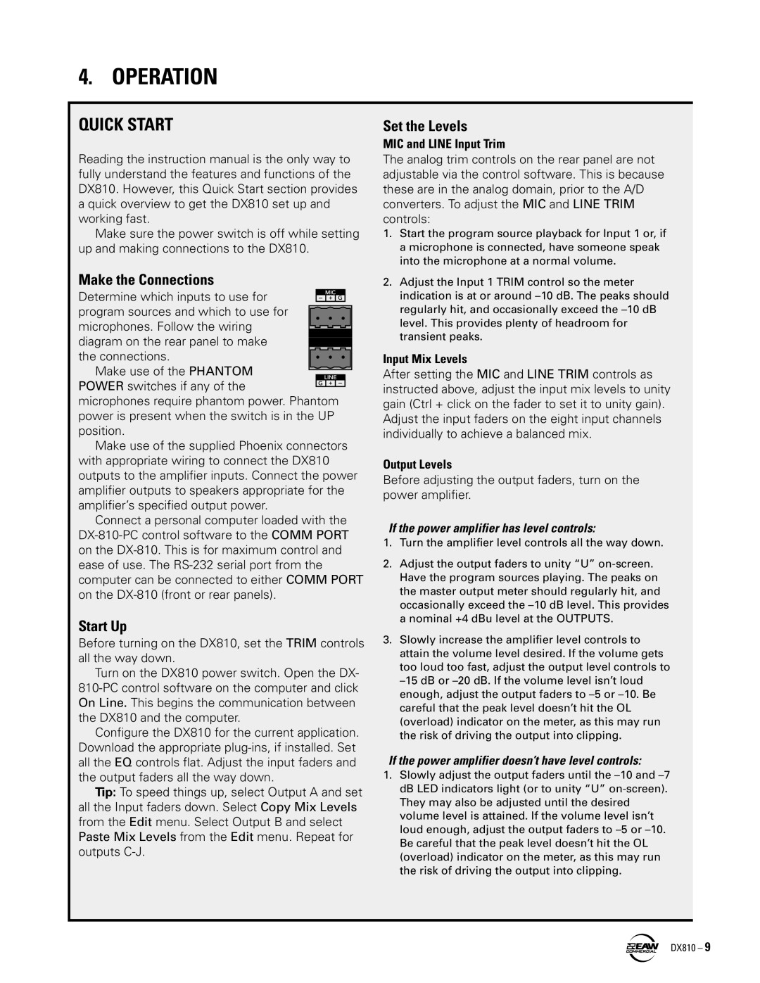 EAW DX810 instruction manual Quick Start, Make the Connections, Start Up, Set the Levels 