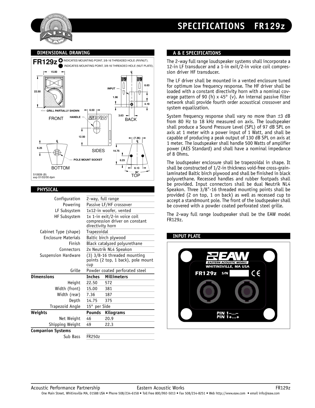 EAW FR129z specifications Dimensional Drawing, Physical, Specifications, Input Plate 