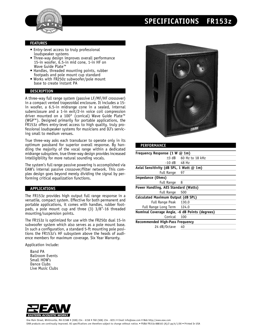 EAW FR153z specifications Features, Description, Applications, Performance 