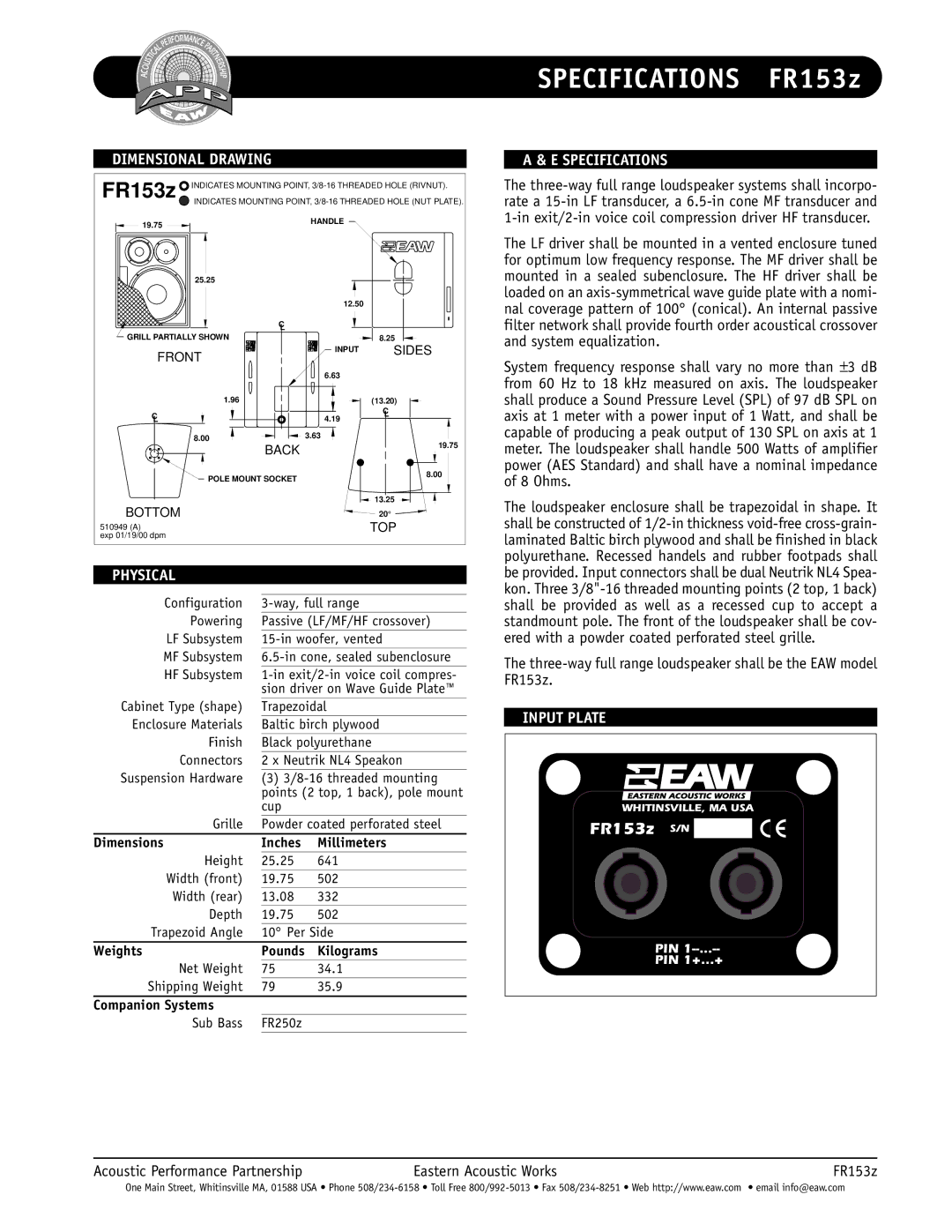 EAW FR153z specifications Dimensional Drawing, Physical, Specifications, Input Plate 