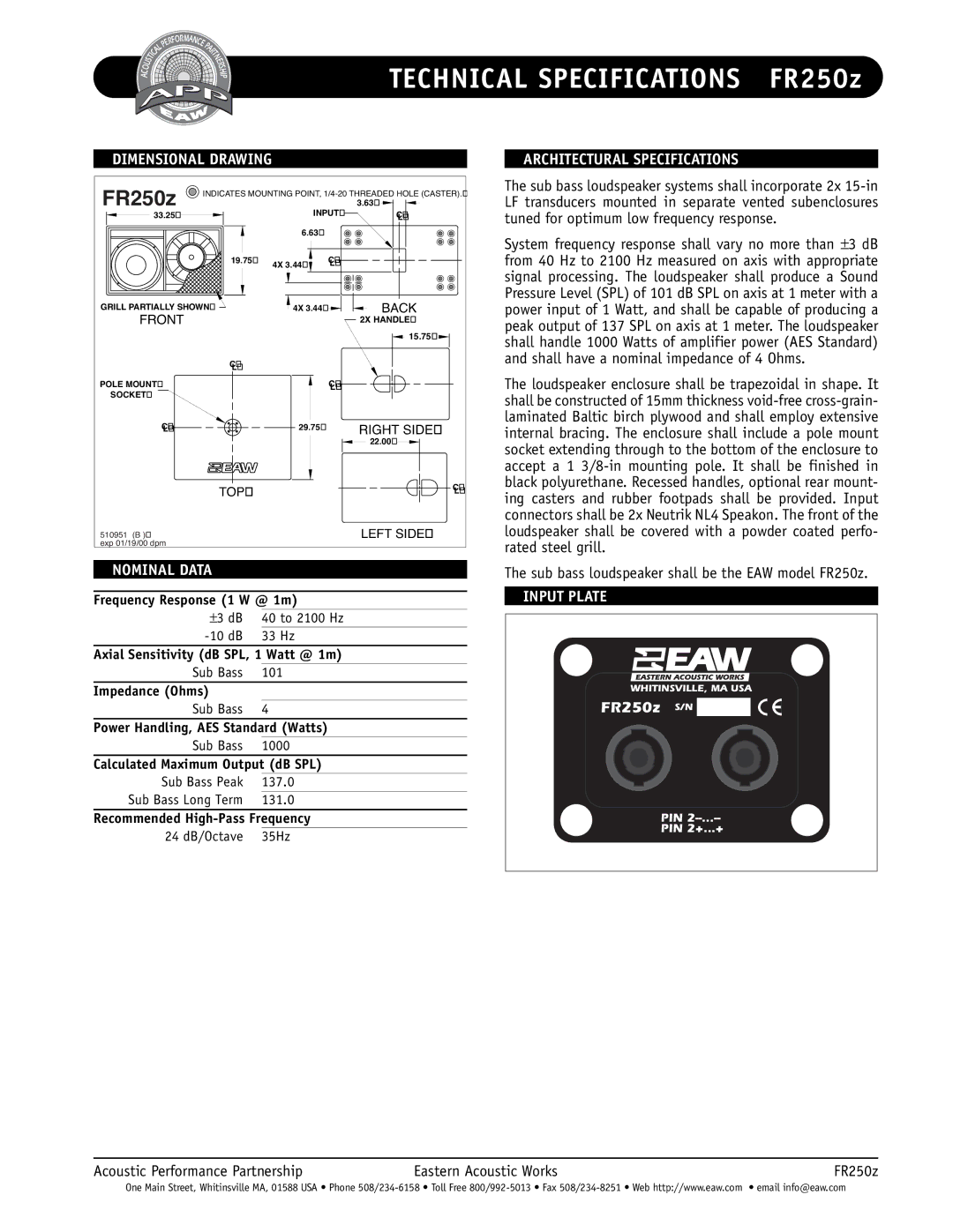 EAW FR250z specifications Dimensional Drawing, Nominal Data, Architectural Specifications, Input Plate 