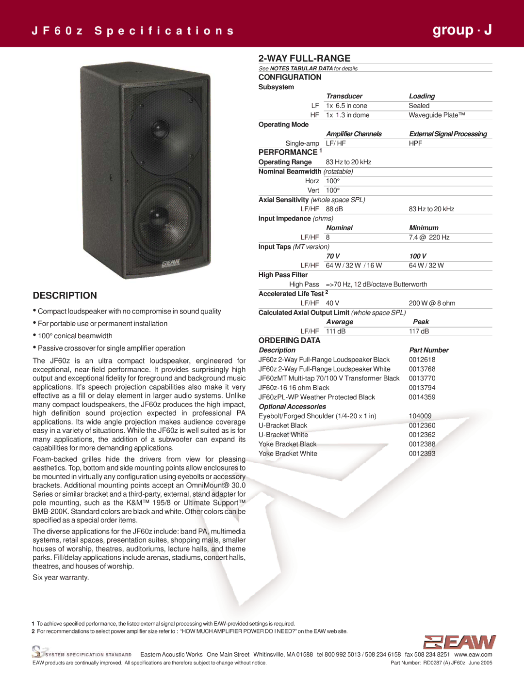 EAW JF60z specifications Description, Way Full-Range 