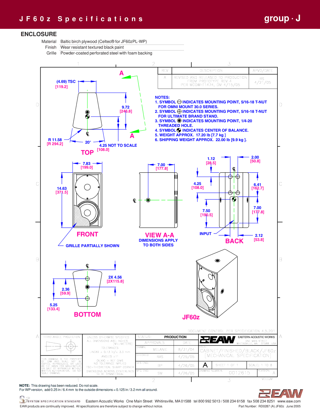 EAW JF60z specifications Bottom, Enclosure 