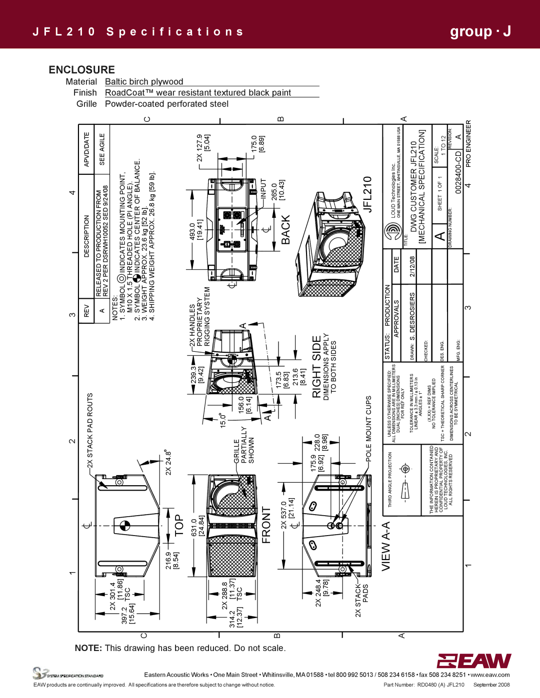 EAW JFL210 specifications Enclosure, Material Baltic, Birch, Plywood 