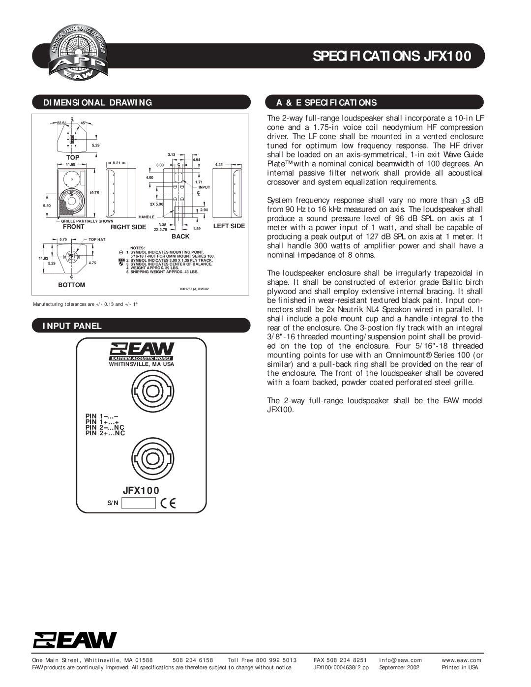 EAW JFX100 specifications Input Panel, Specifications 