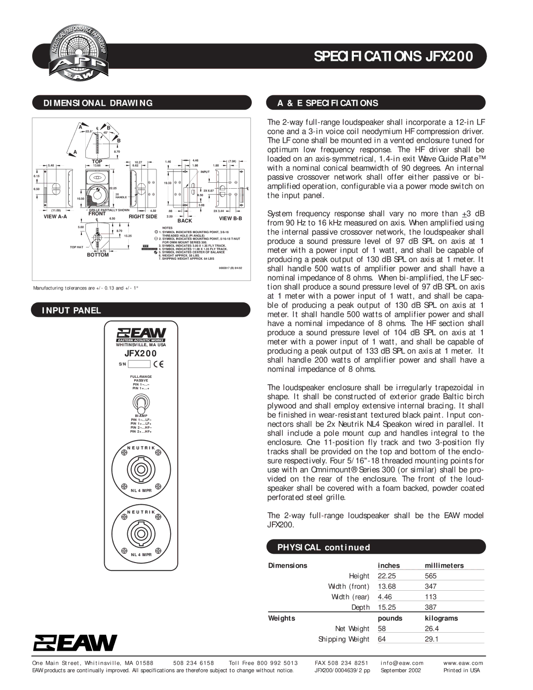 EAW JFX200 specifications Dimensional Drawing, Input Panel, Specifications, Net Weight 26.4, 29.1 