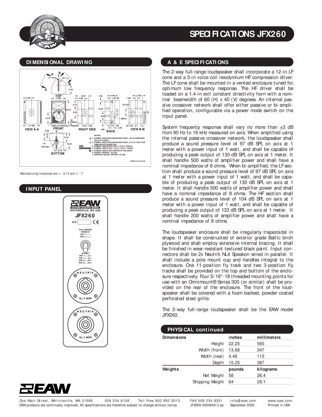 EAW JFX260 specifications Dimensional Drawing, Specifications, Input Panel, Net Weight 26.4 Shipping Weight 29.1 