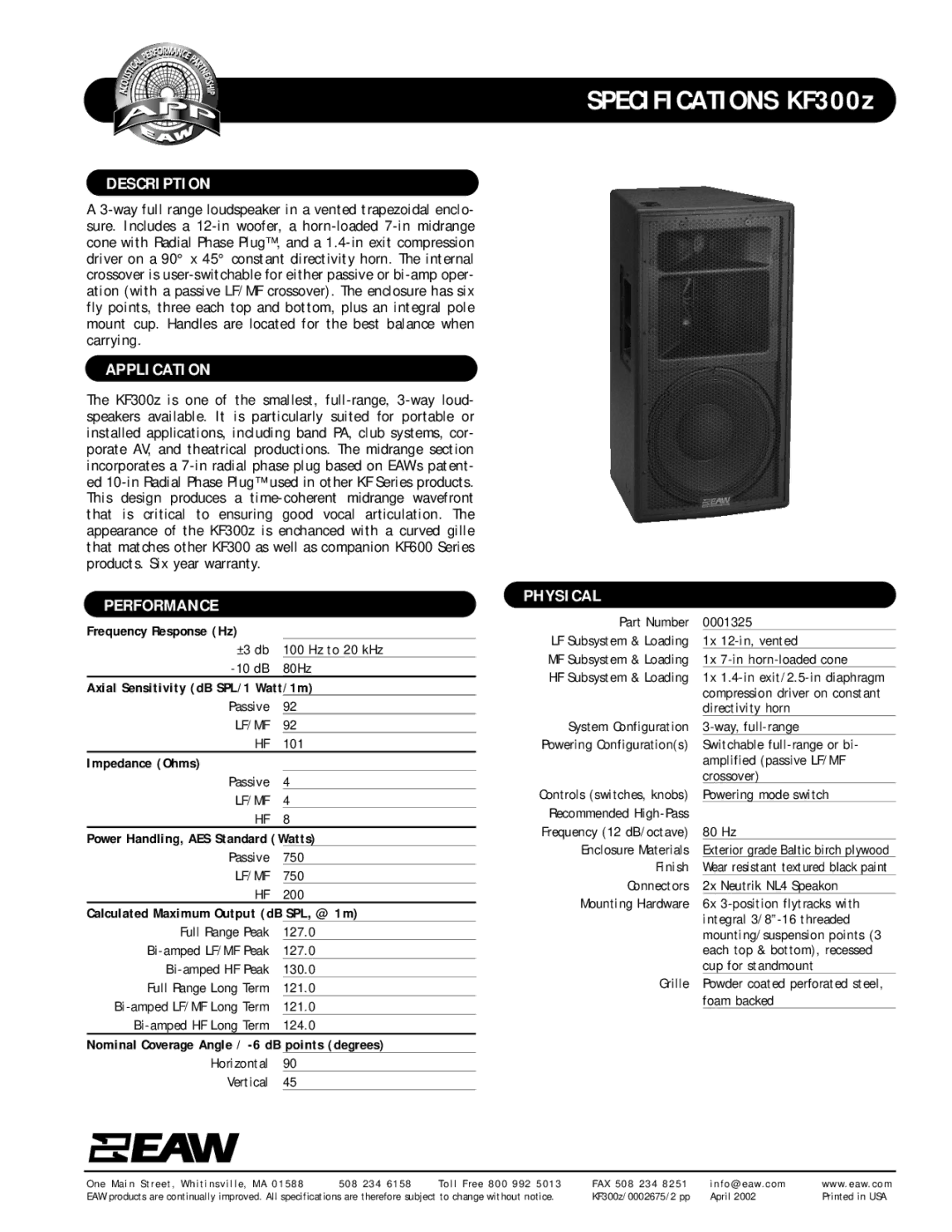 EAW KF300z specifications Description, Application, Performance, Physical 