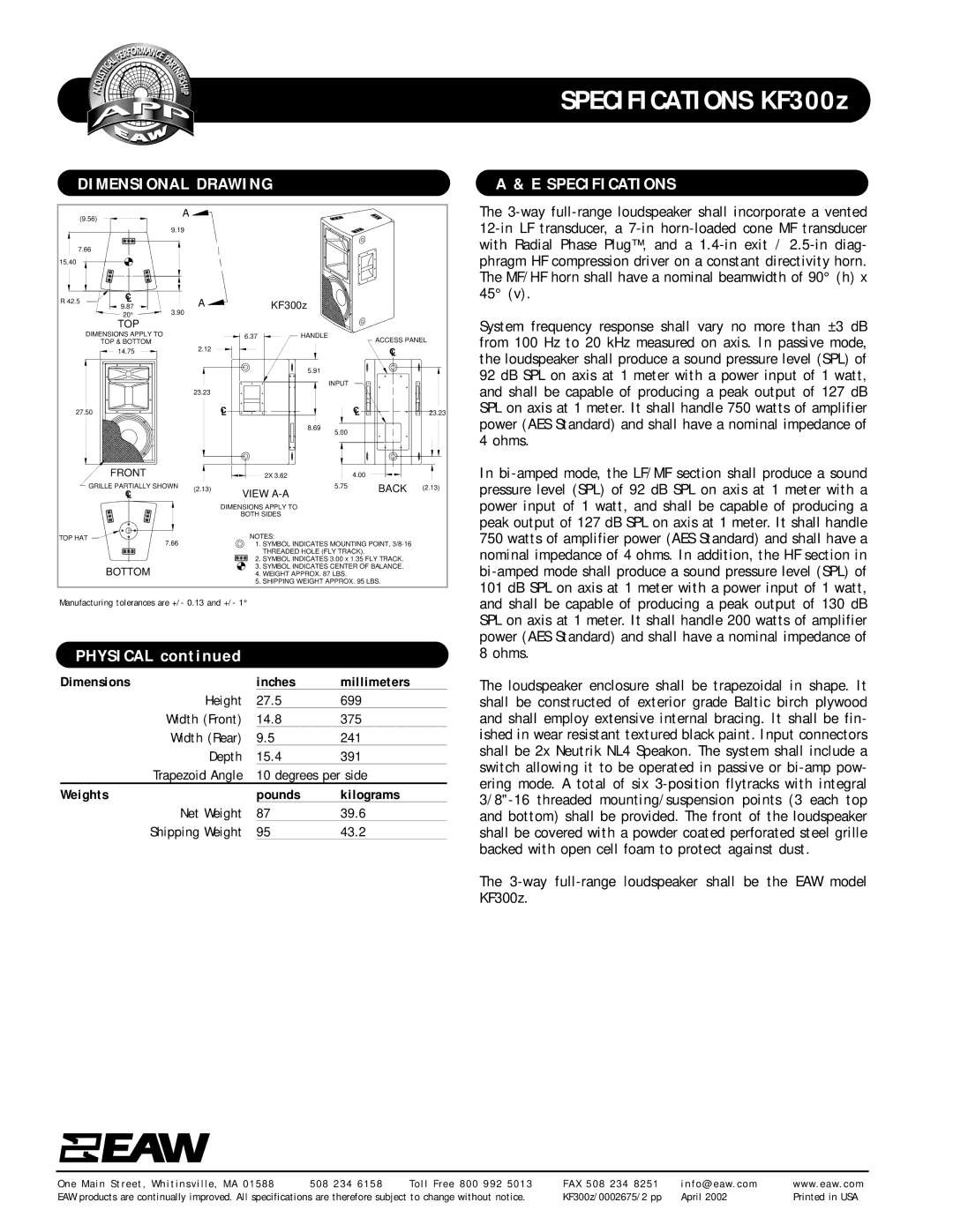 EAW KF300z specifications Dimensional Drawing Specifications, Inches Millimeters, Pounds Kilograms 