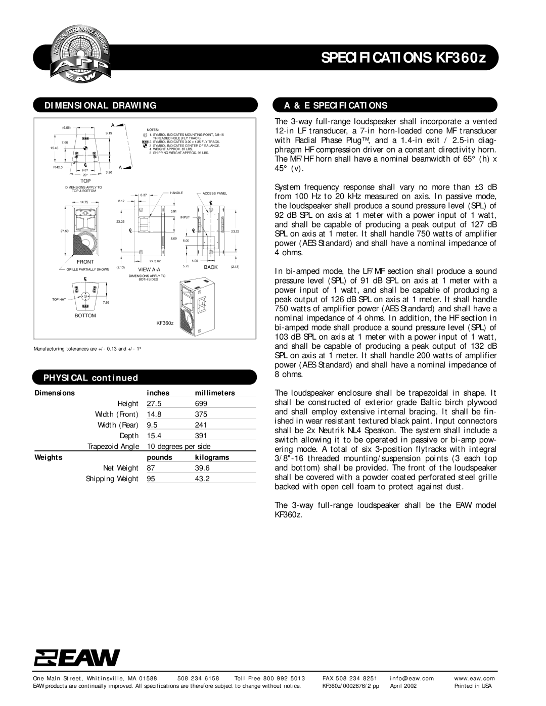 EAW KF360z specifications Dimensional Drawing, Specifications, Inches Millimeters, Pounds Kilograms 