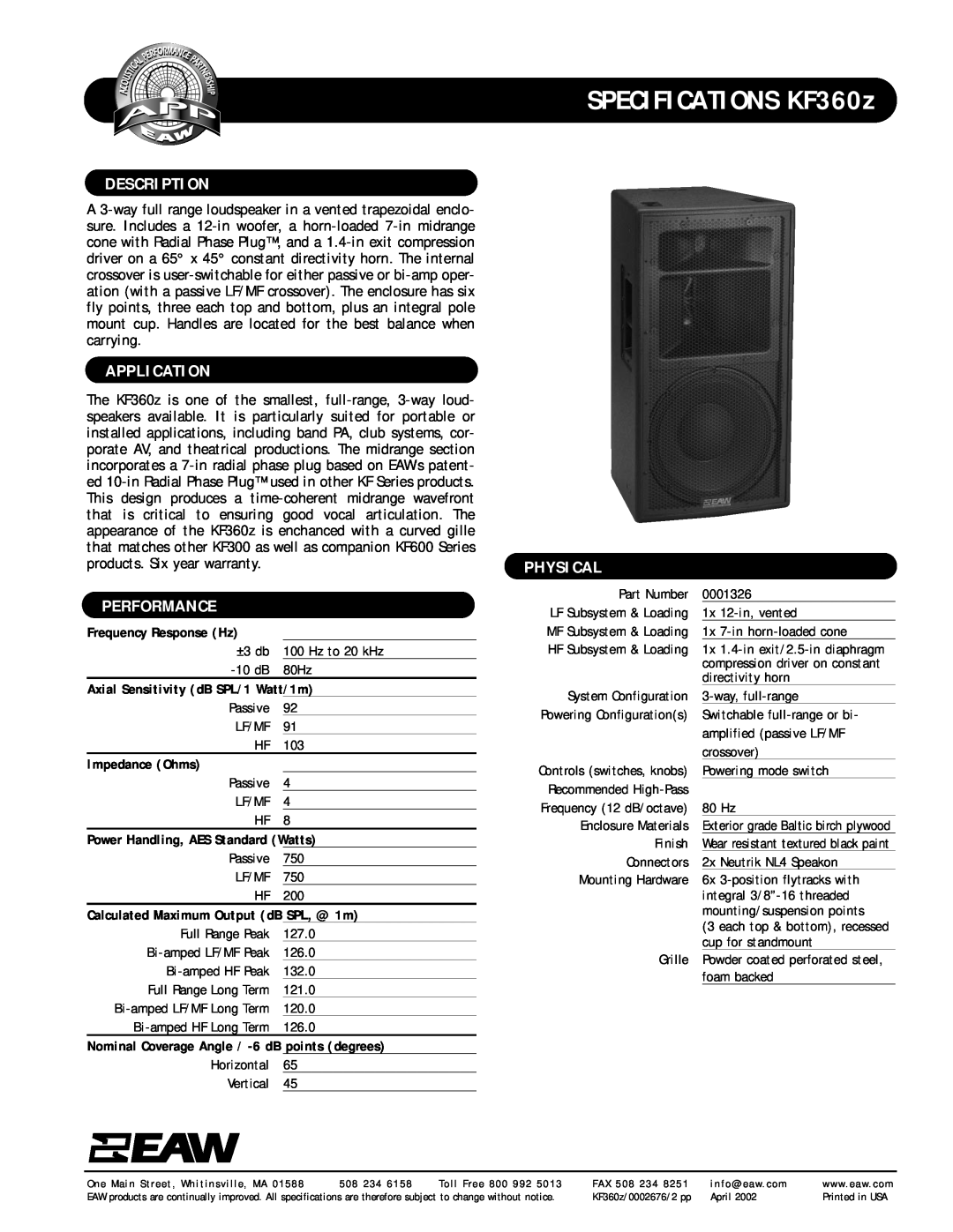 EAW specifications SPECIFICATIONS KF360z, Description, Application, Performance, Physical 