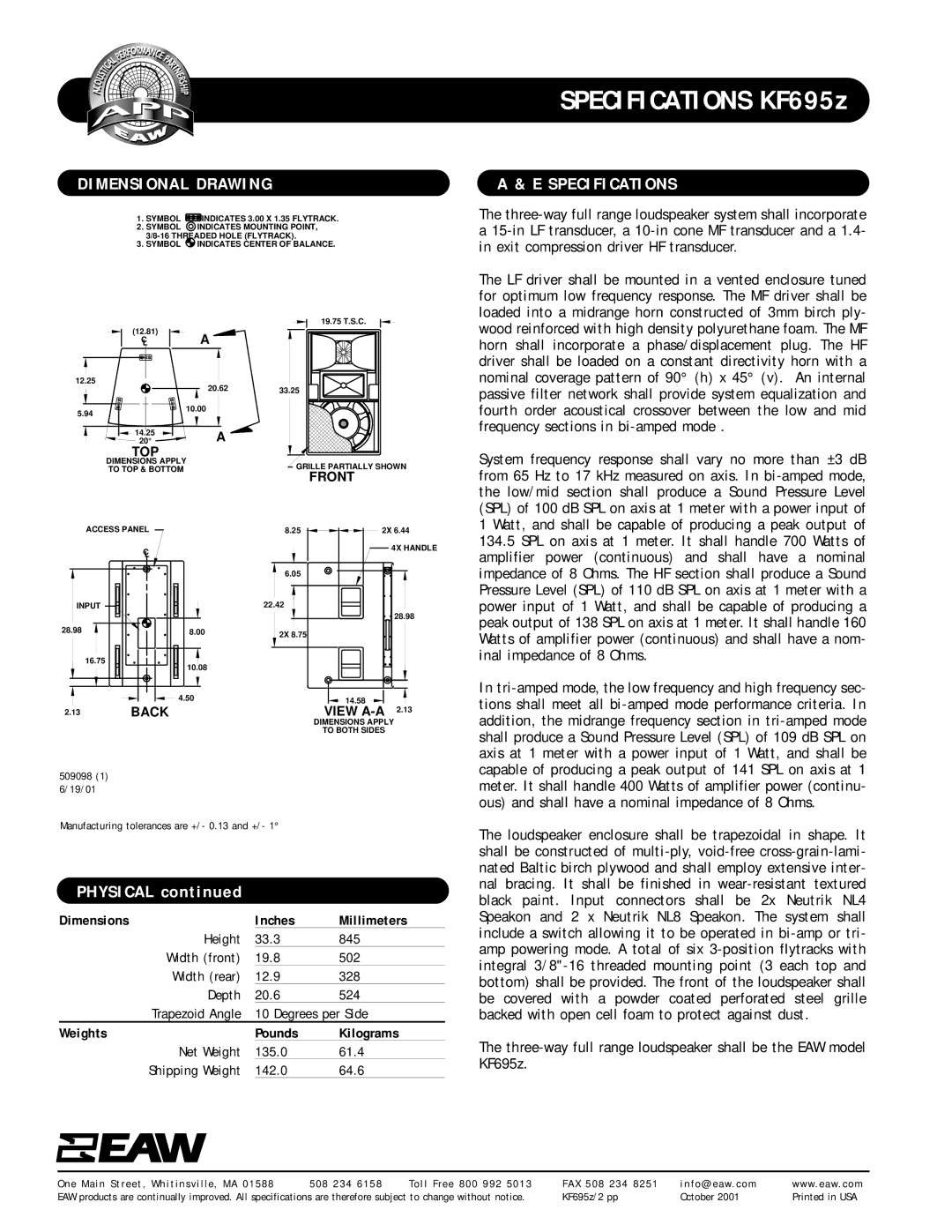 EAW KF695z specifications Dimensional Drawing Specifications, Inches Millimeters, Pounds Kilograms 