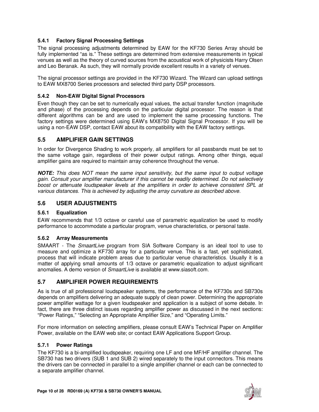 EAW KF730, SB730 owner manual Amplifier Gain Settings, User Adjustments, Amplifier Power Requirements 