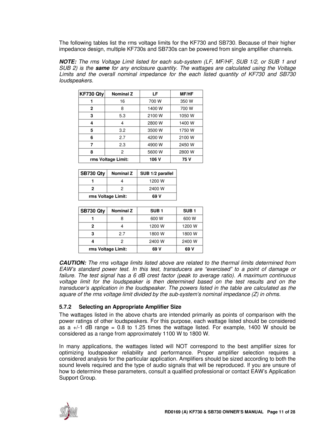 EAW SB730 owner manual Selecting an Appropriate Amplifier Size, KF730 Qty 