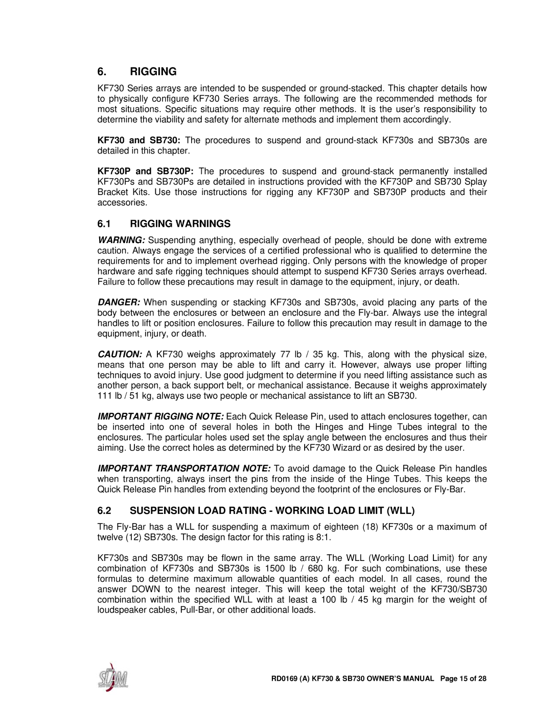 EAW SB730, KF730 owner manual Rigging Warnings, Suspension Load Rating Working Load Limit WLL 