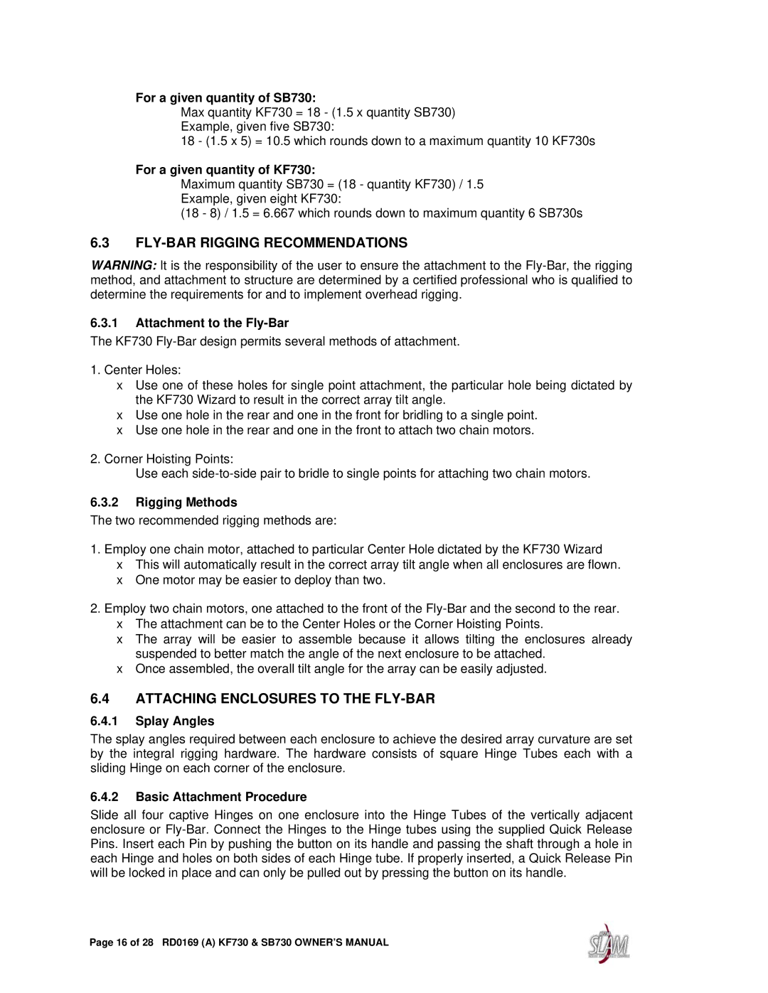 EAW KF730, SB730 owner manual FLY-BAR Rigging Recommendations, Attaching Enclosures to the FLY-BAR 