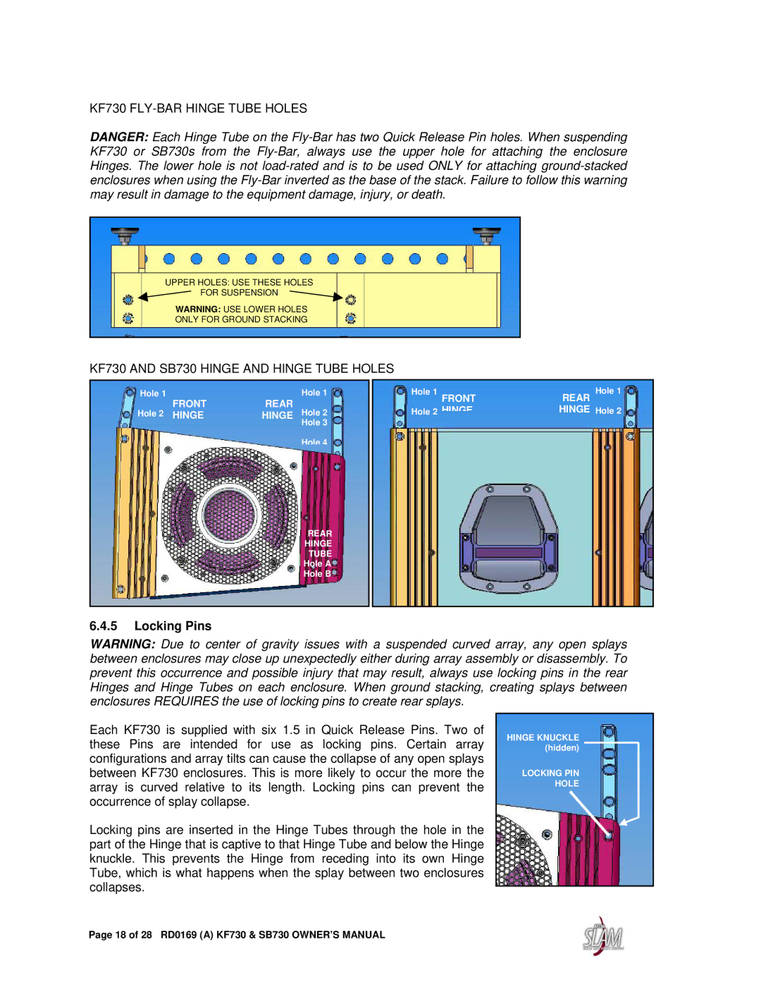 EAW owner manual KF730 and SB730 Hinge and Hinge Tube Holes, Locking Pins 