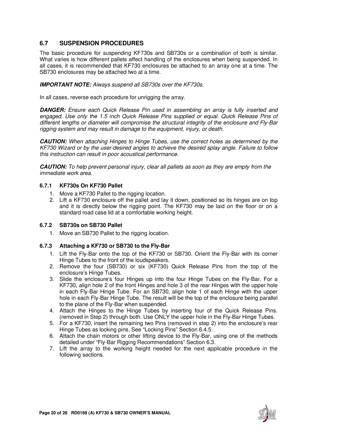 EAW owner manual Suspension Procedures, 1 KF730s On KF730 Pallet, 2 SB730s on SB730 Pallet 