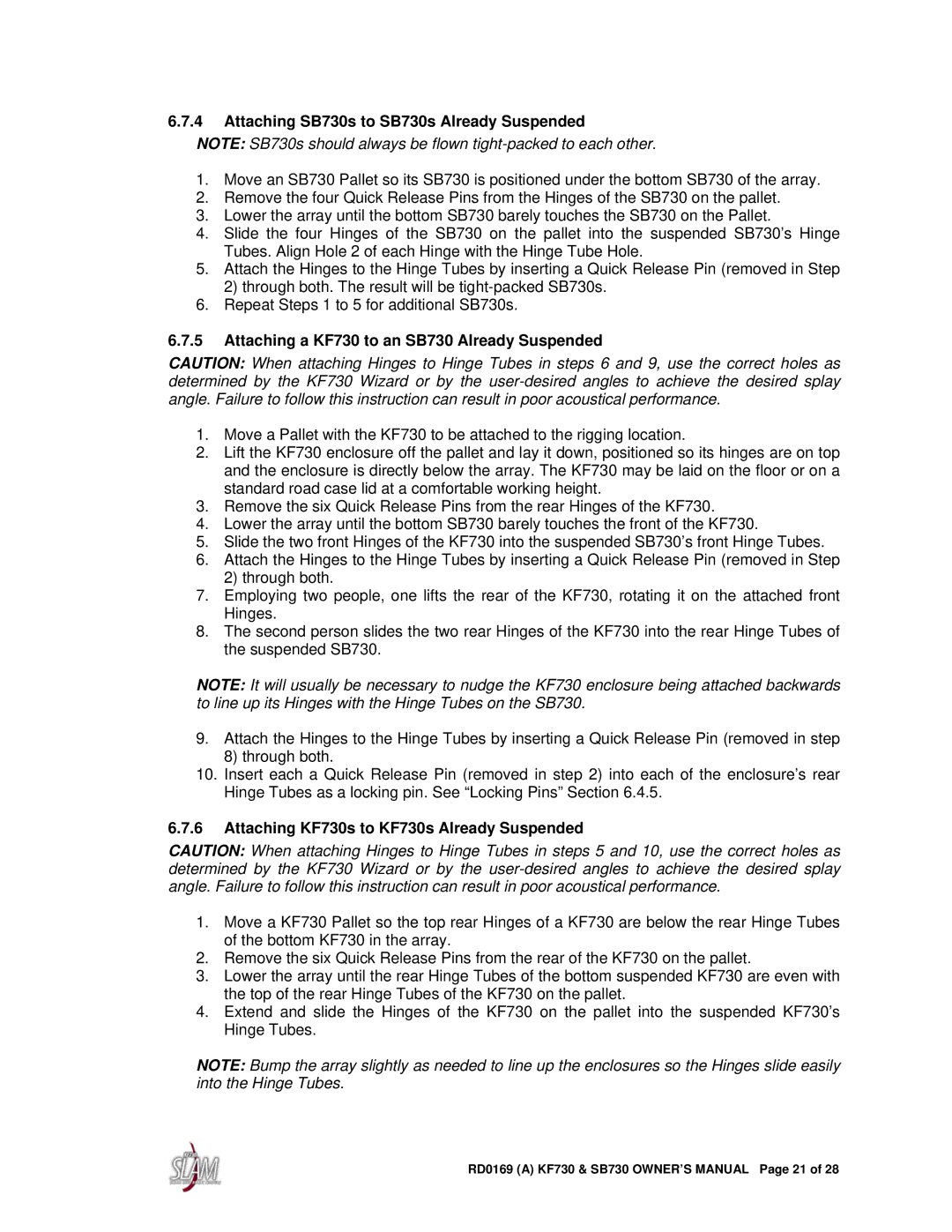 EAW owner manual Attaching SB730s to SB730s Already Suspended, Attaching a KF730 to an SB730 Already Suspended 