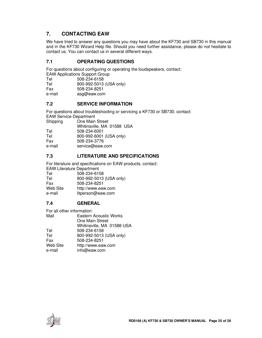 EAW SB730, KF730 Contacting EAW, Operating Questions, Service Information, Literature and Specifications, General 