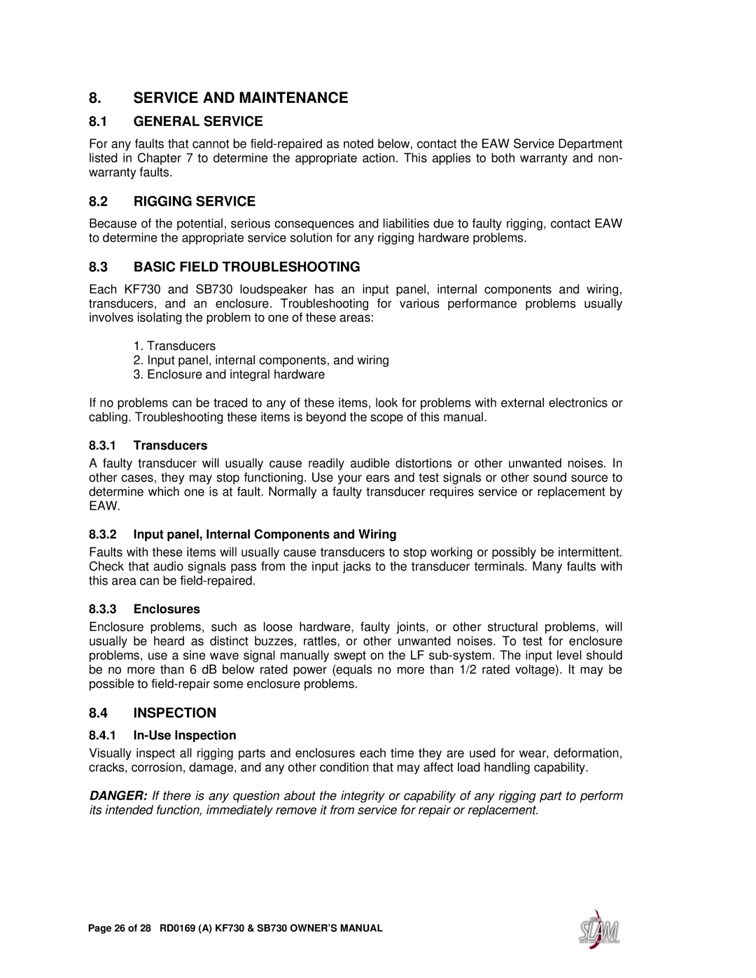 EAW KF730, SB730 Service and Maintenance, General Service, Rigging Service, Basic Field Troubleshooting, Inspection 