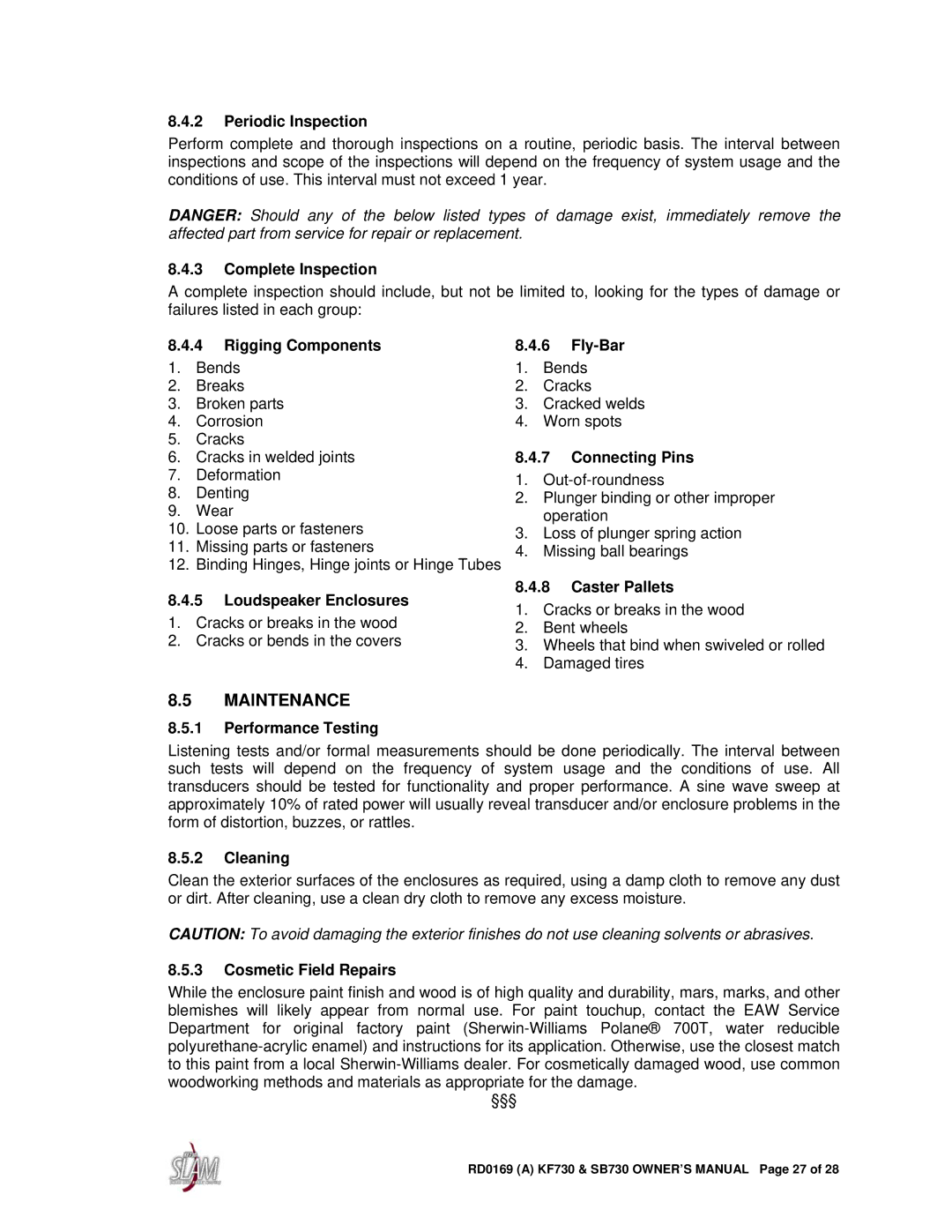 EAW SB730, KF730 owner manual Maintenance 