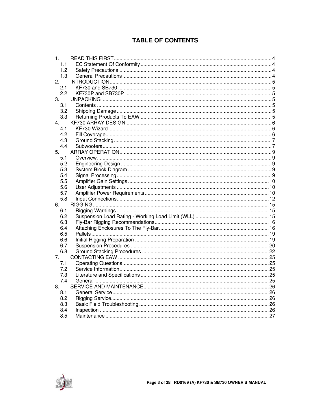 EAW SB730, KF730 owner manual Table of Contents 