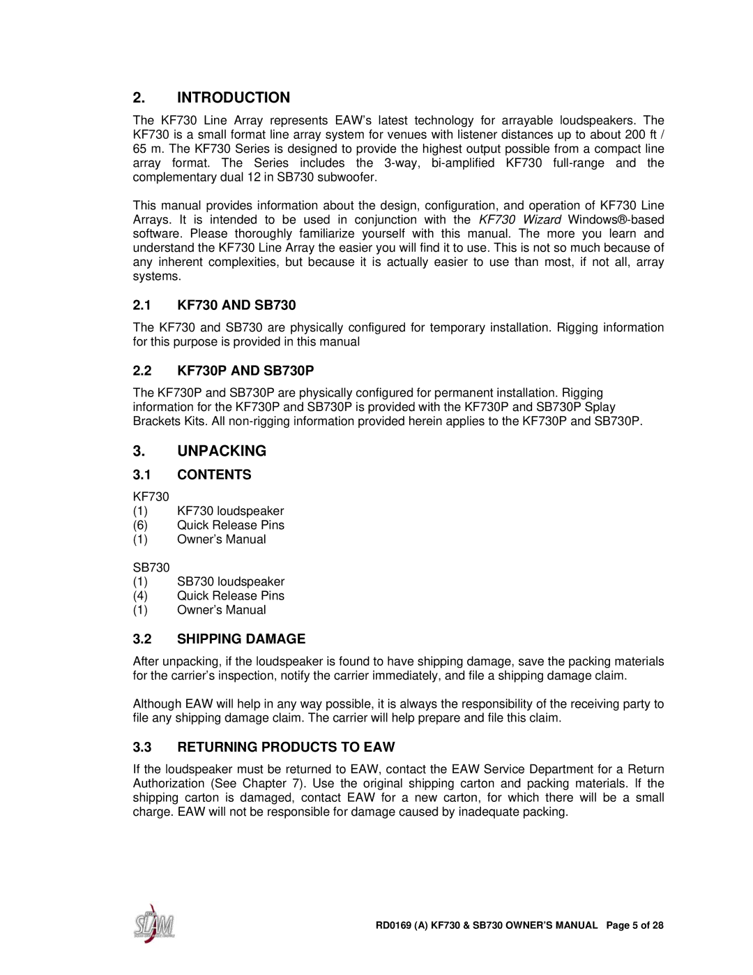 EAW SB730, KF730 owner manual Introduction, Unpacking, Contents, Shipping Damage, Returning Products to EAW 