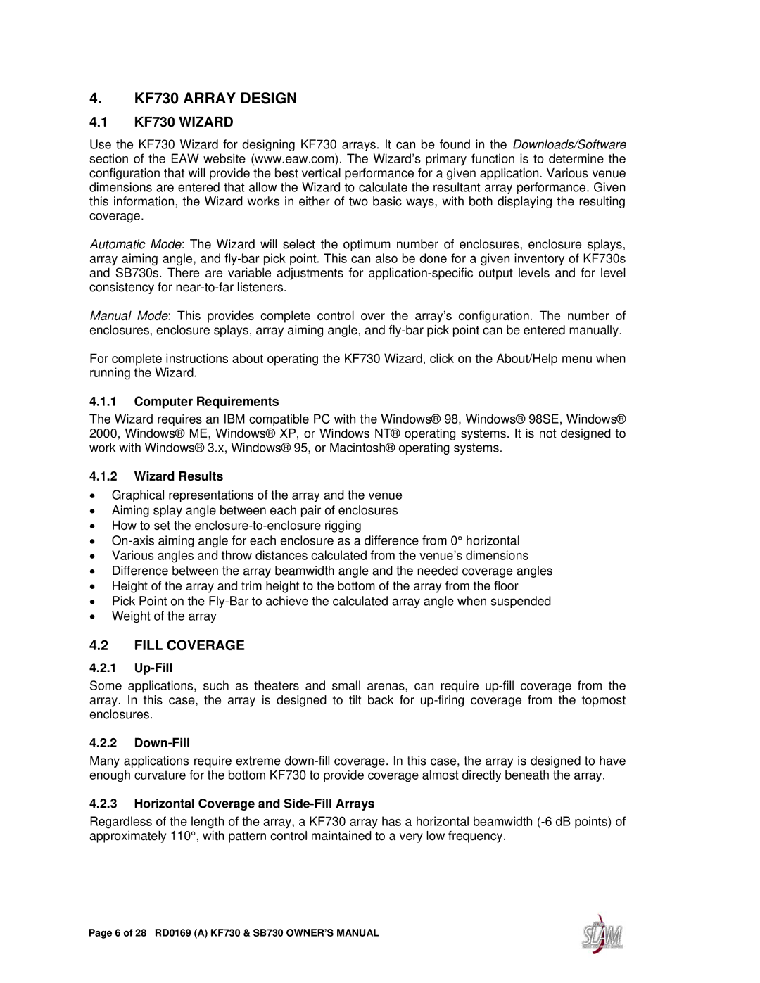 EAW SB730 owner manual KF730 Array Design, Fill Coverage 