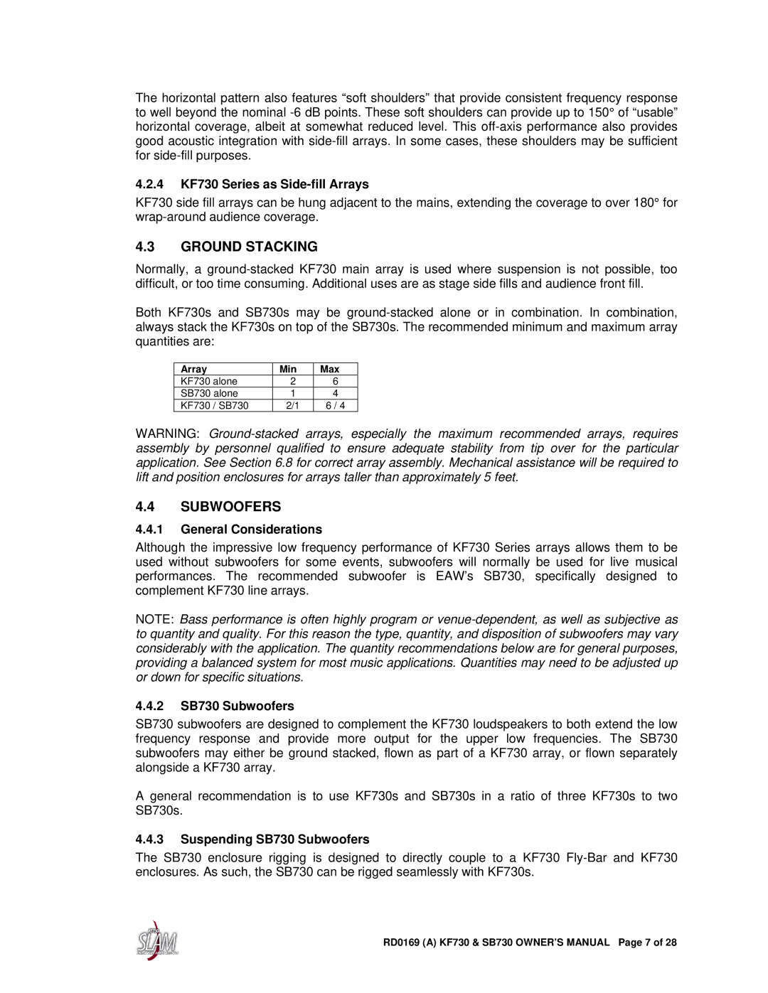 EAW SB730, KF730 owner manual Ground Stacking, Subwoofers 