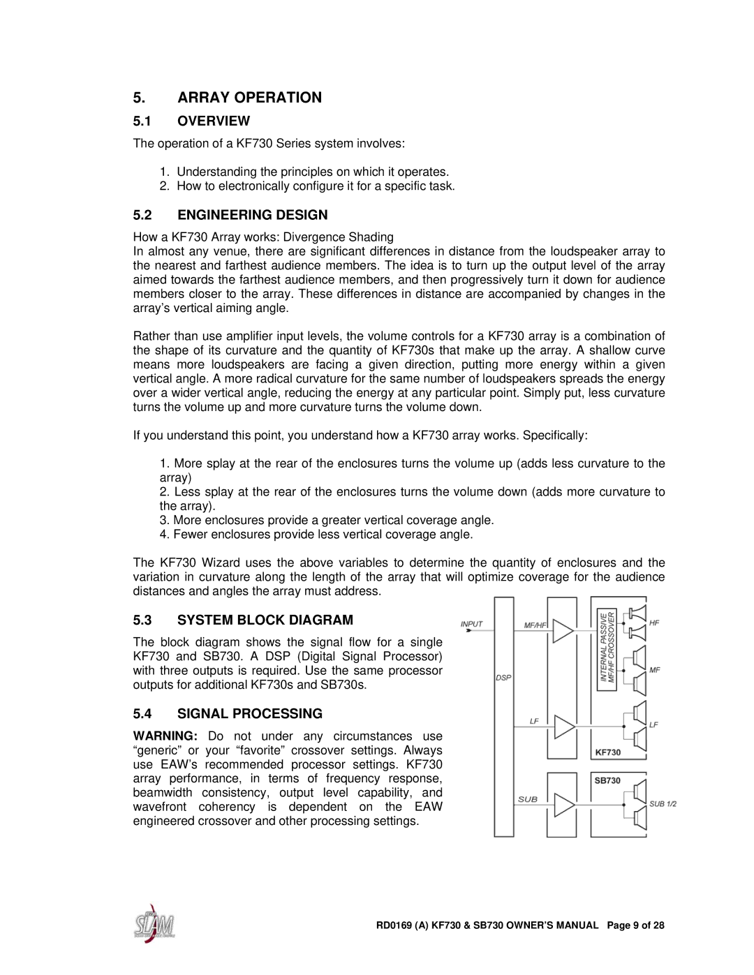 EAW SB730, KF730 owner manual Array Operation, Overview, Engineering Design, System Block Diagram, Signal Processing 