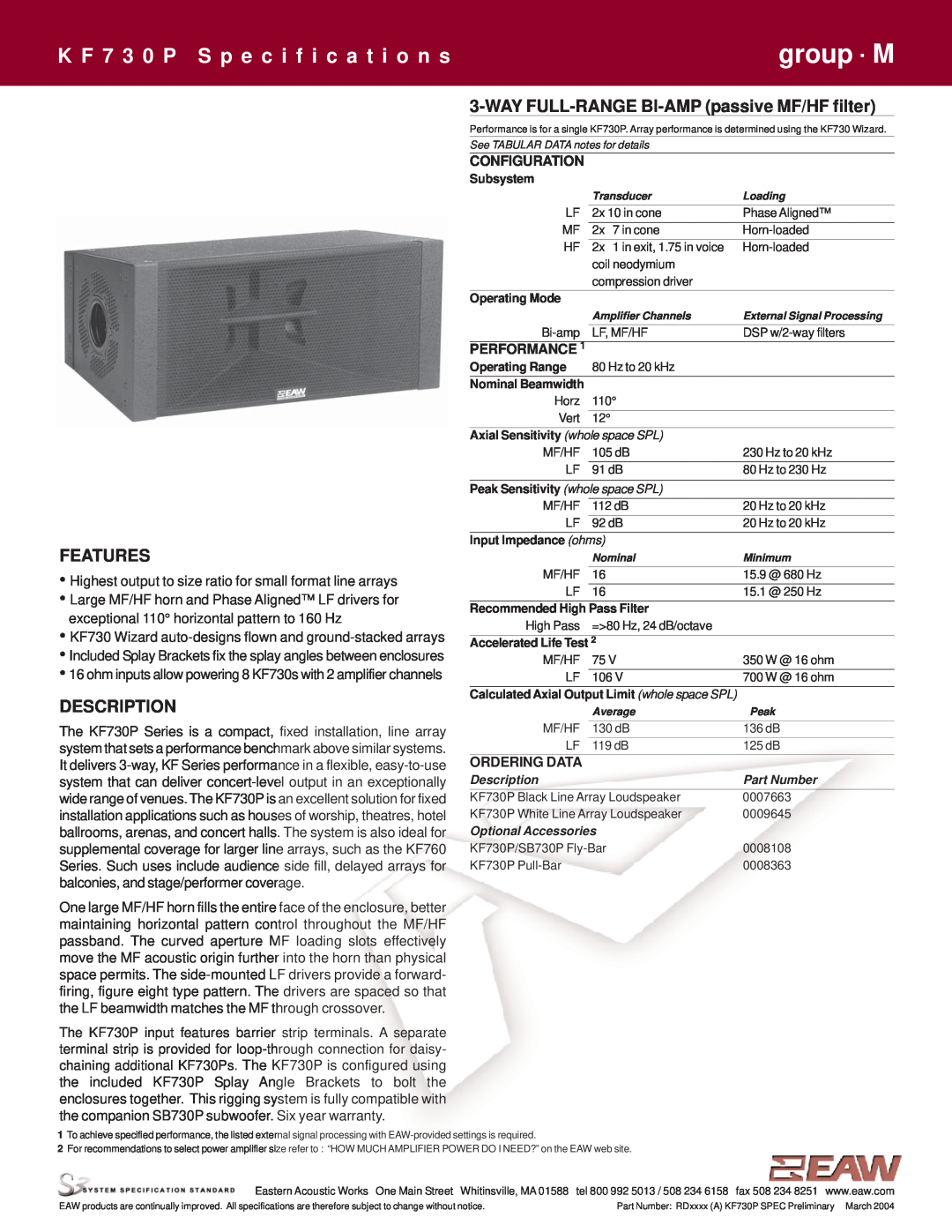 EAW KF730P specifications group · M, K F 7 3 0 P S p e c i f i c a t i o n s, WAY FULL-RANGE BI-AMPpassive MF/HF filter 