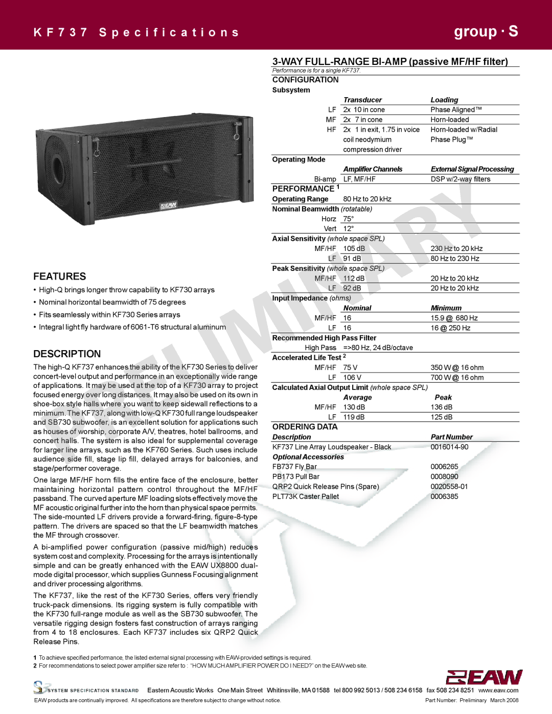 EAW KF737 specifications Group · S, Features, Description 