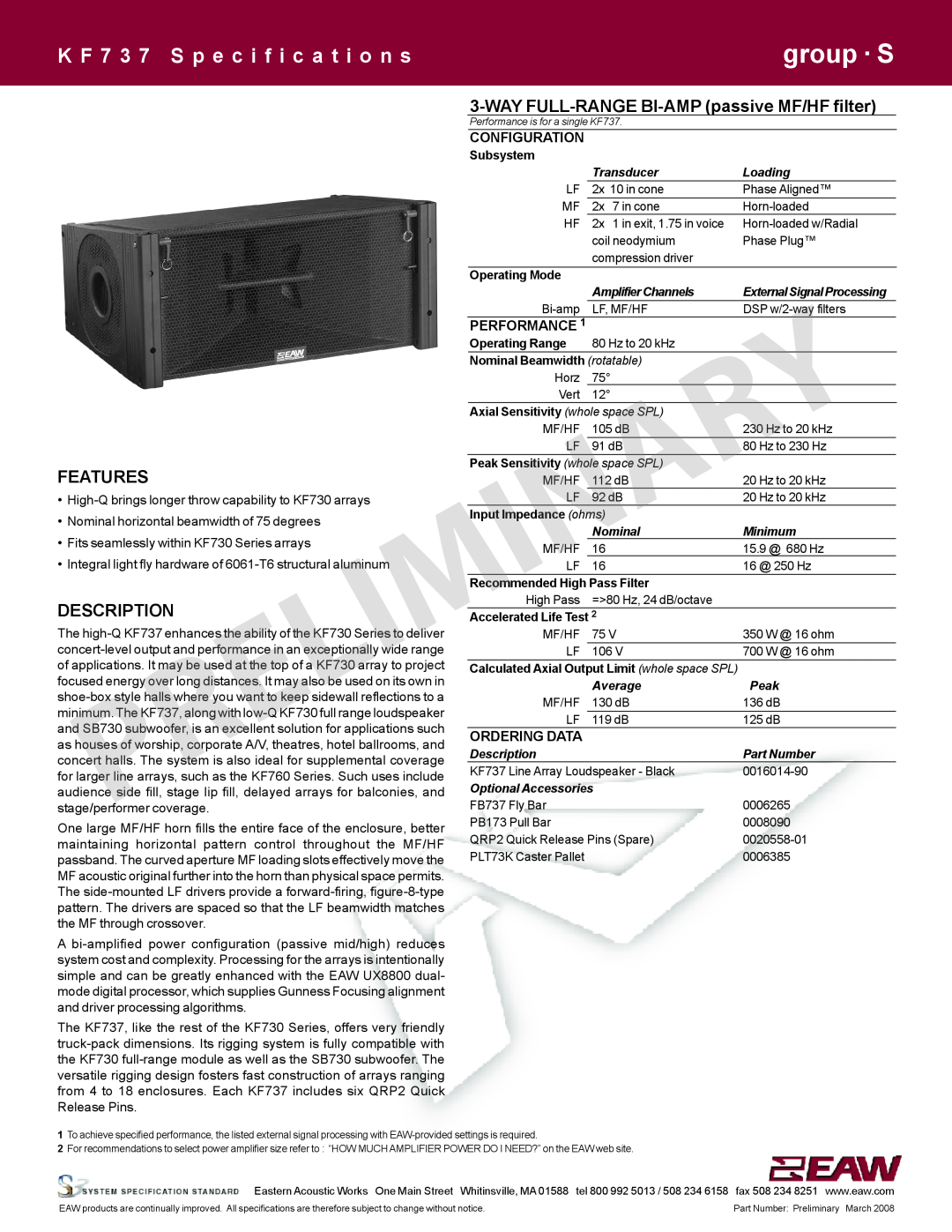 EAW KF737 specifications group · S, K F 7 3 7 S p e c i f i c a t i o n s, WAY FULL-RANGE BI-AMP passive MF/HF filter 