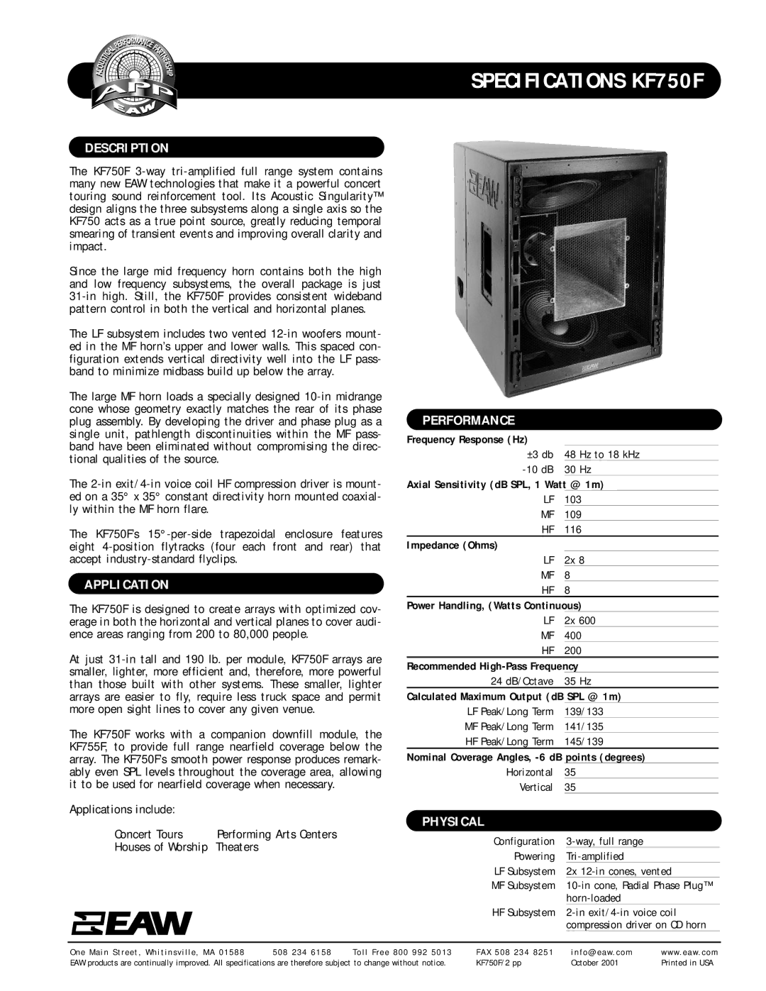 EAW KF750F specifications Description, Application, Performance, Physical 