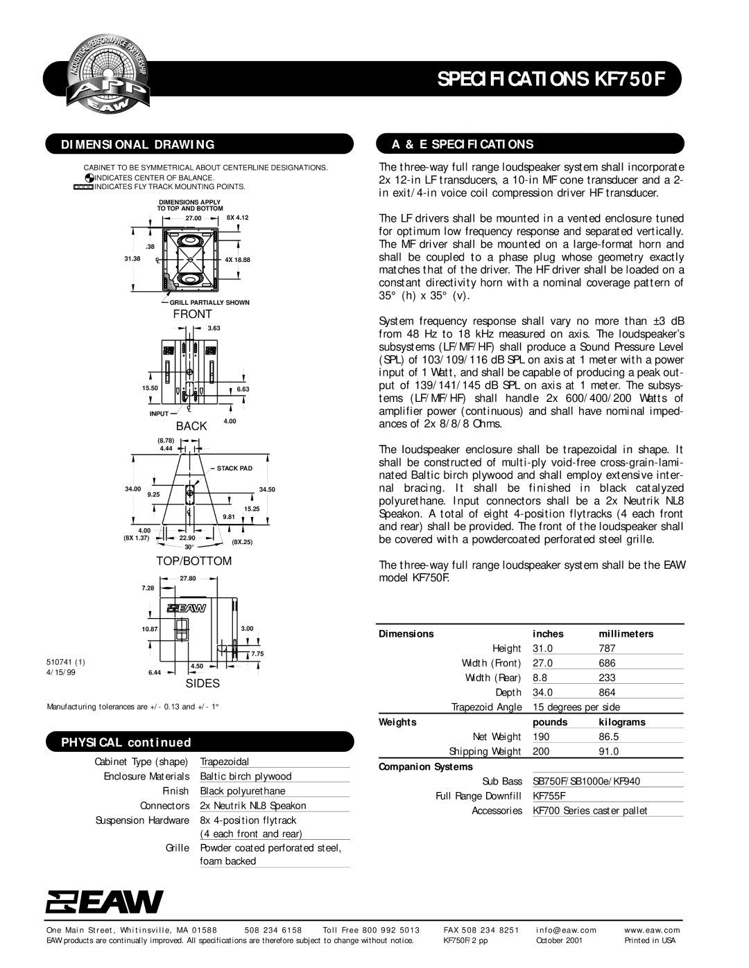 EAW KF750F Dimensional Drawing, Specifications, Inches Millimeters, Weights Pounds Kilograms, Companion Systems 