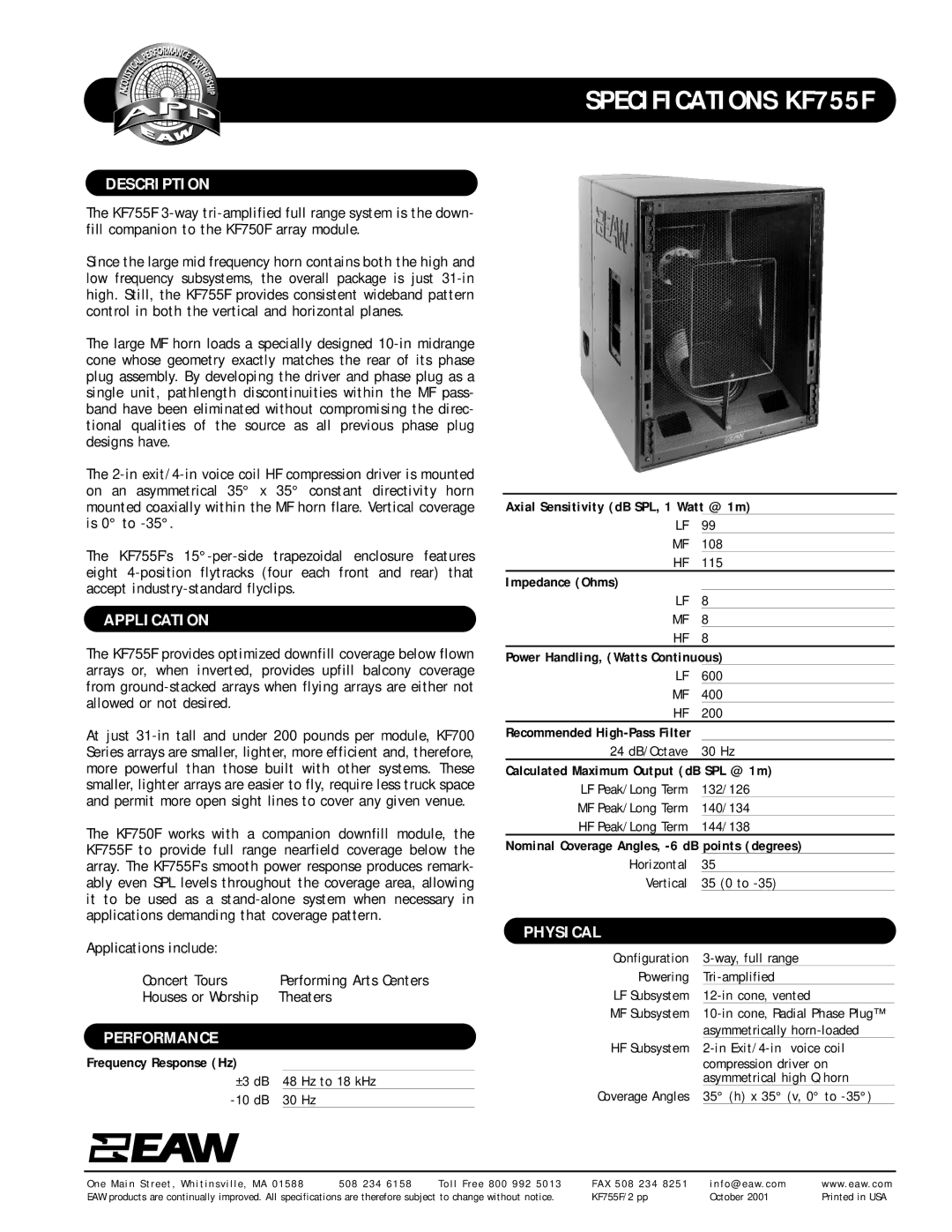 EAW KF755F specifications Description, Application, Performance, Physical 