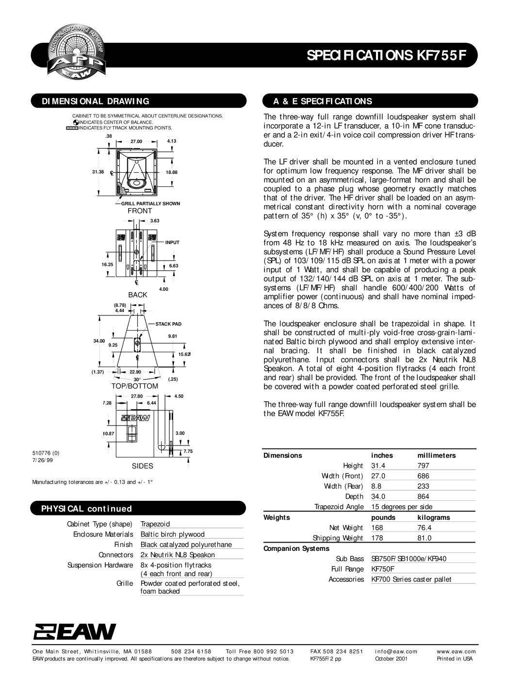 EAW KF755F specifications Dimensional Drawing, Specifications 