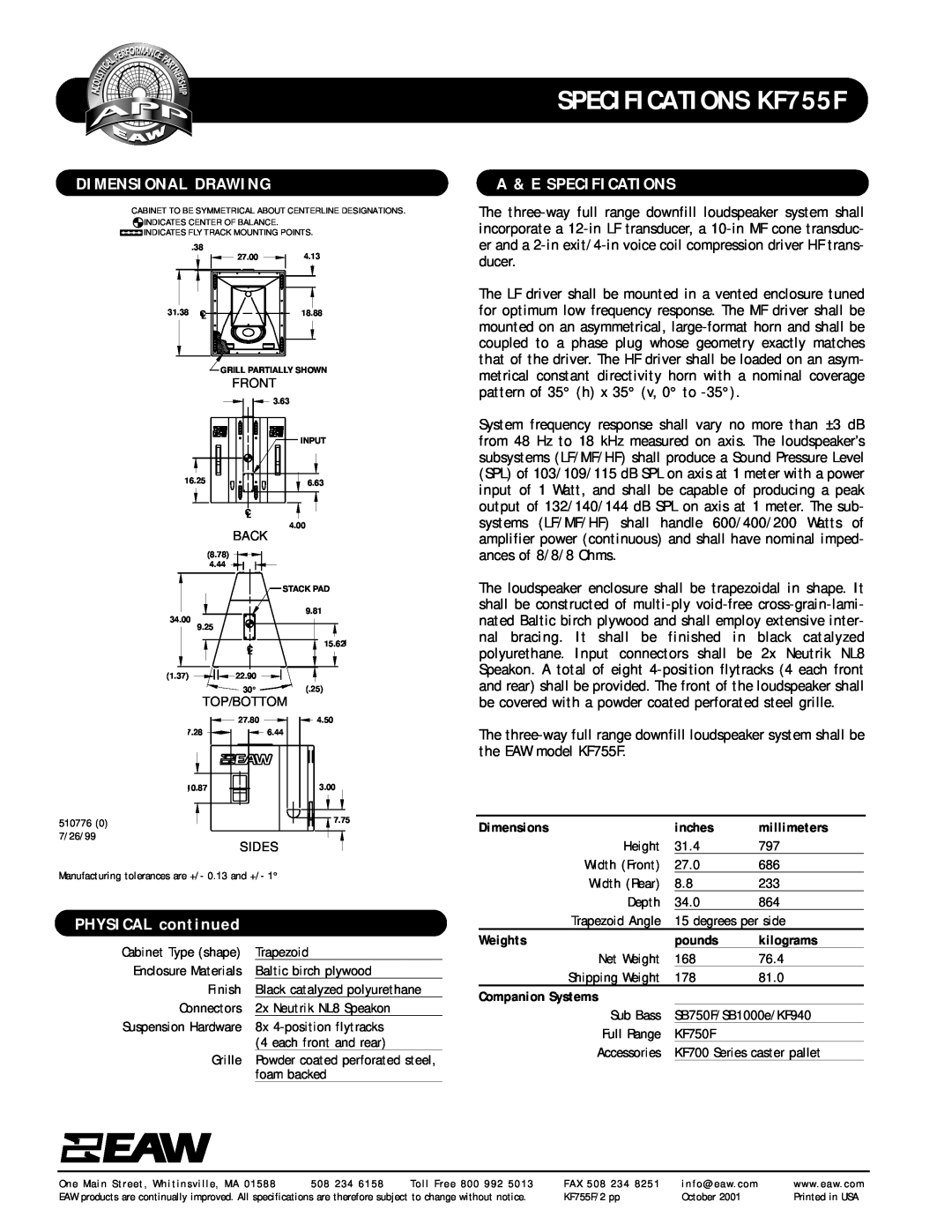EAW Dimensional Drawing, A & E Specifications, PHYSICAL continued, SPECIFICATIONS KF755F, inches, millimeters, Weights 