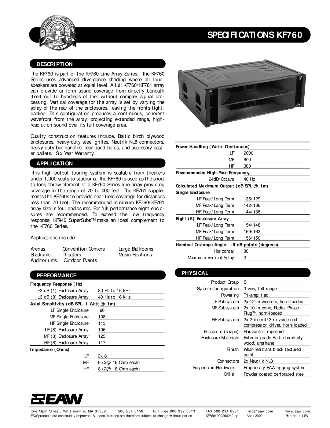 EAW KF760 specifications Description, Application, Performance, Physical 