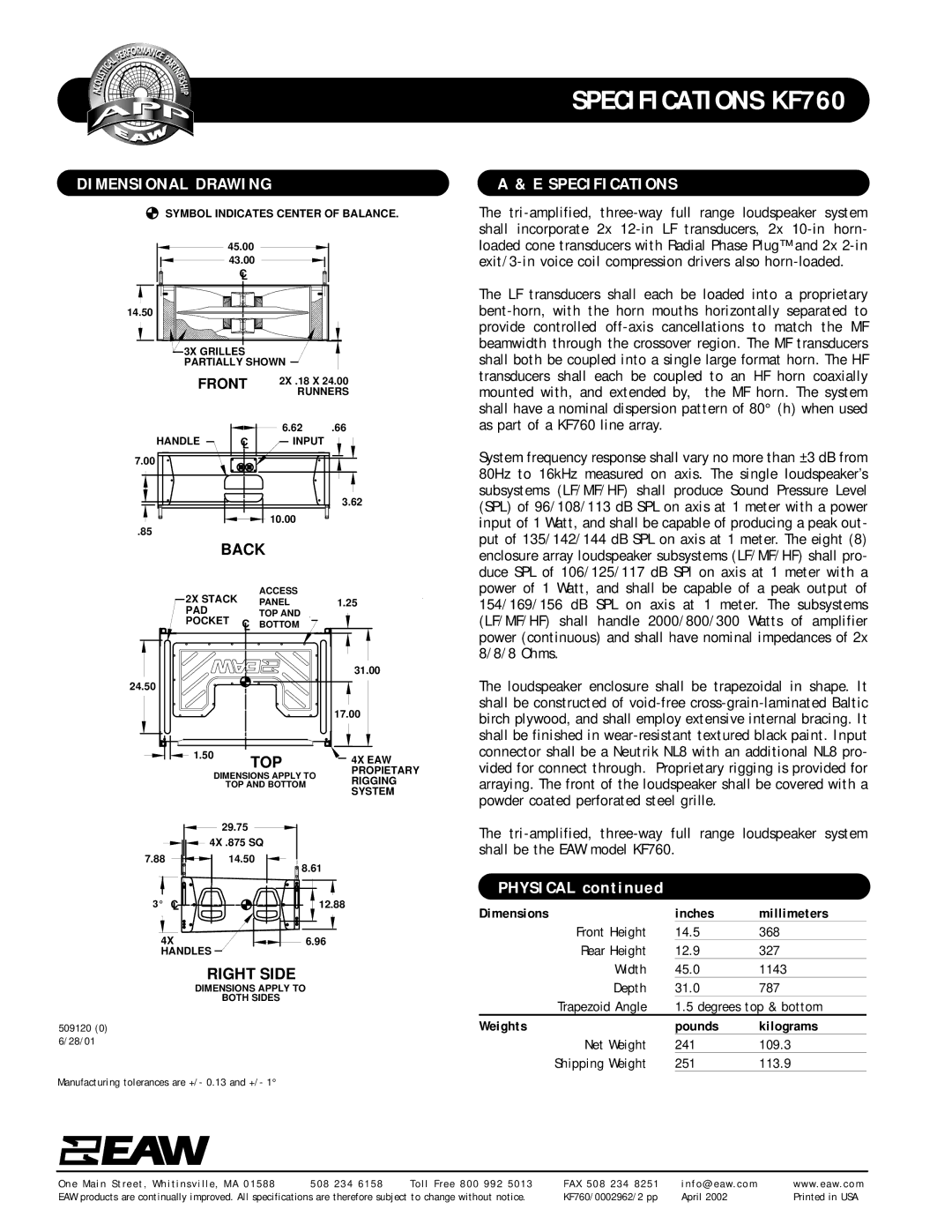 EAW KF760 specifications Dimensional Drawing, Specifications, Inches Millimeters, Pounds Kilograms 