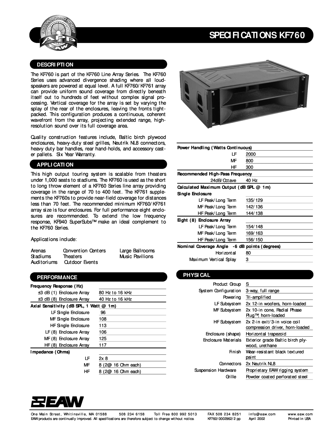 EAW specifications SPECIFICATIONS KF760, Description, Application, Performance, Physical, Single Enclosure 