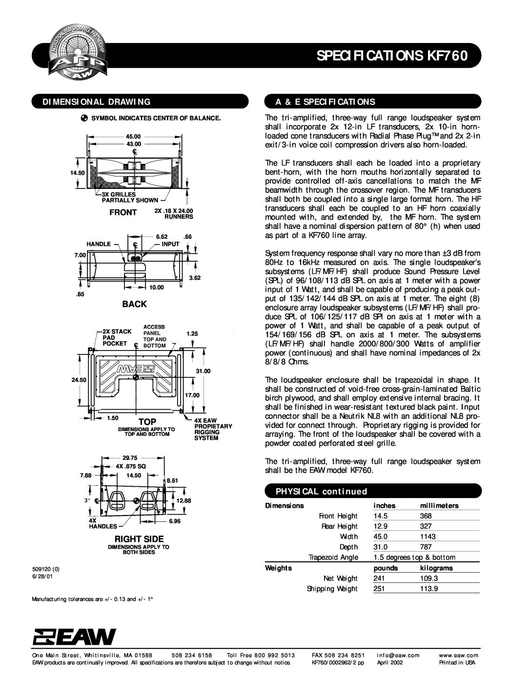 EAW specifications Dimensional Drawing, A & E Specifications, PHYSICAL continued, SPECIFICATIONS KF760, Back, Right Side 