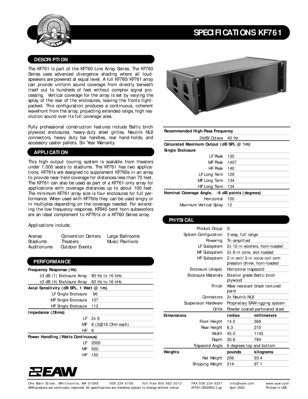 EAW KF761 specifications Description, Application, Performance, Physical 