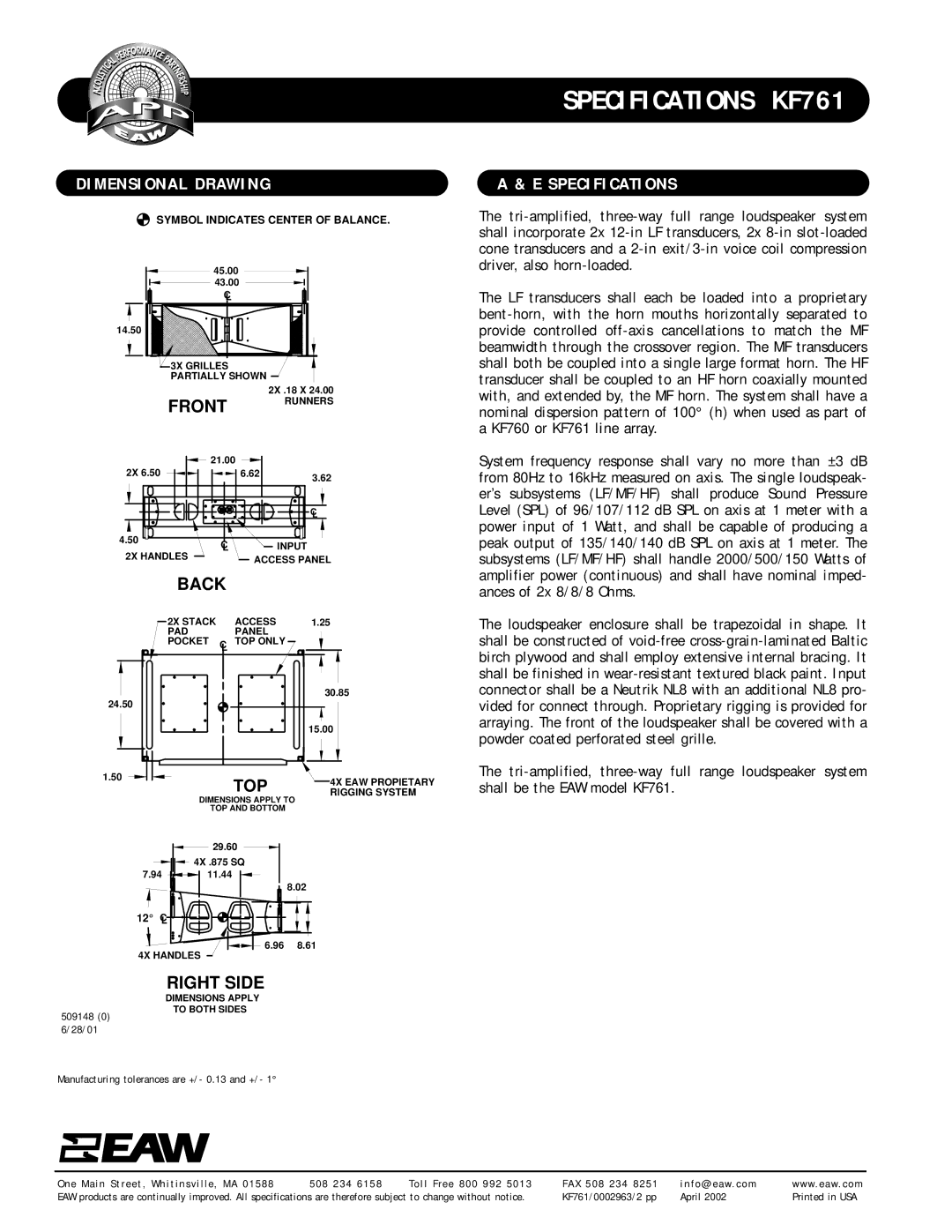 EAW KF761 specifications Dimensional Drawing, Specifications 