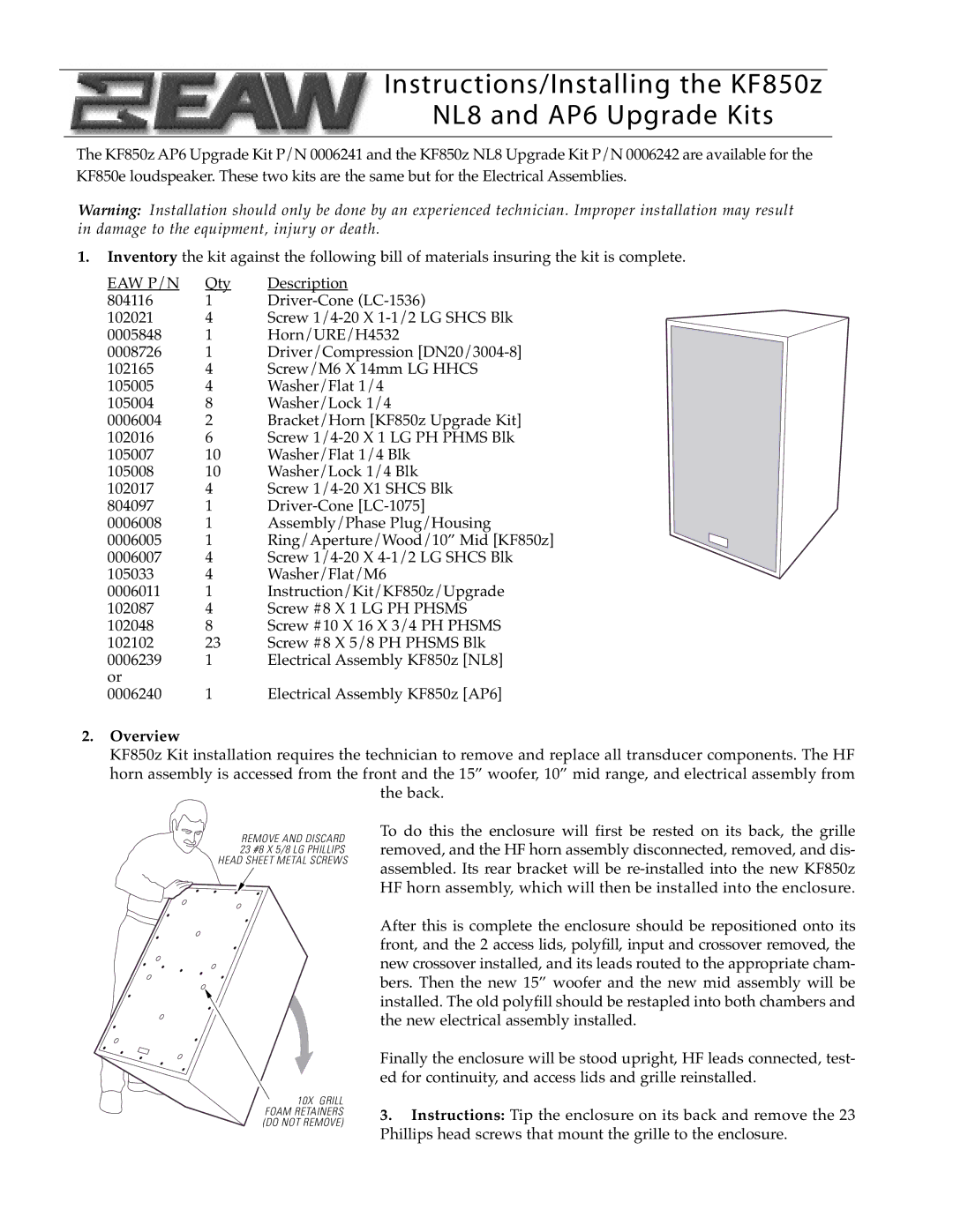 EAW manual Instructions/Installing the KF850z NL8 and AP6 Upgrade Kits, Overview 