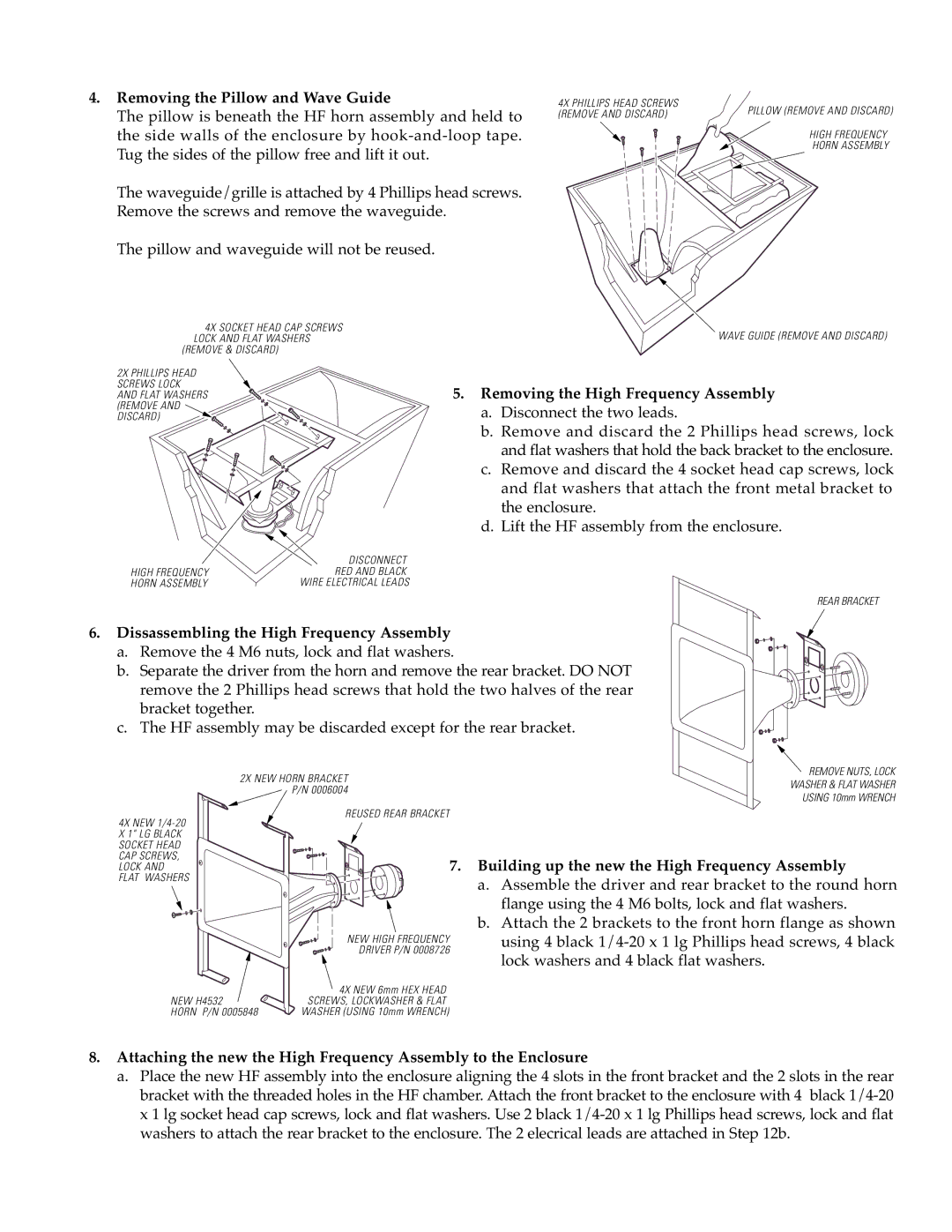 EAW NL8, KF850z, AP6 manual Removing the Pillow and Wave Guide, Removing the High Frequency Assembly 